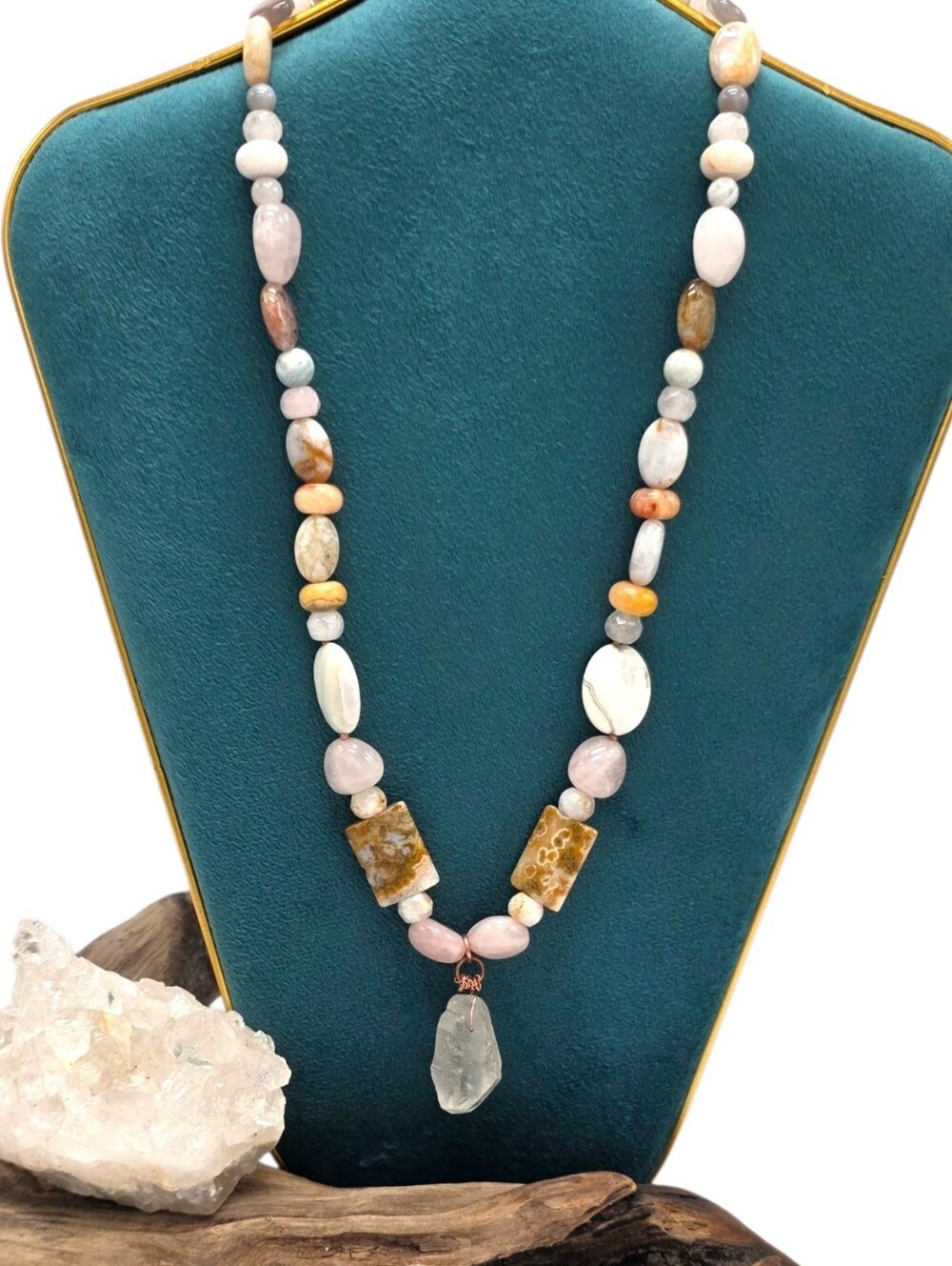 Artisan Natural Stone Necklace Quartz Rose Quartz Jasper Raw Quartz Pendant